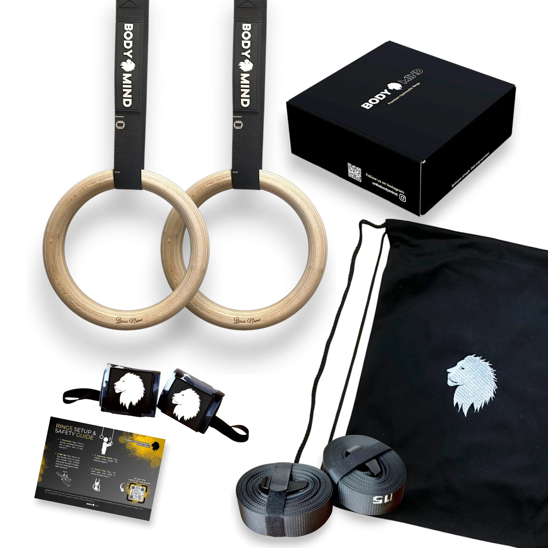 Gymnastic rings with accessories and packaging on a white background