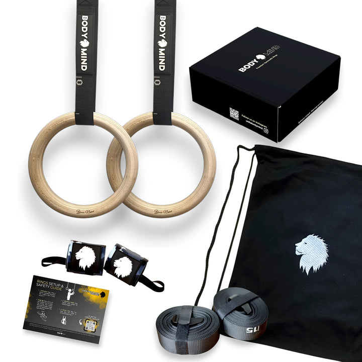 Gymnastic rings with accessories and packaging on a white background