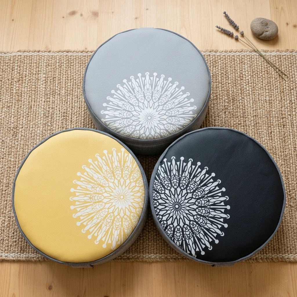 Three round AKASHA mandala meditation cushions in grey, yellow, and black leather tops arranged on a woven mat with lavender stems.