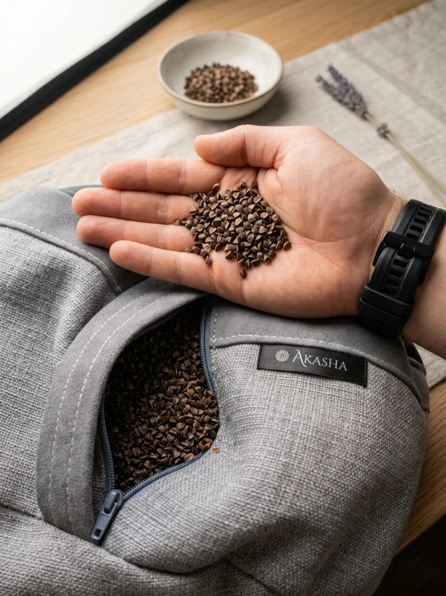 Hand holding 100% natural buckwheat hulls over an open zipper of a grey AKASHA meditation cushion, showcasing the organic filling material.