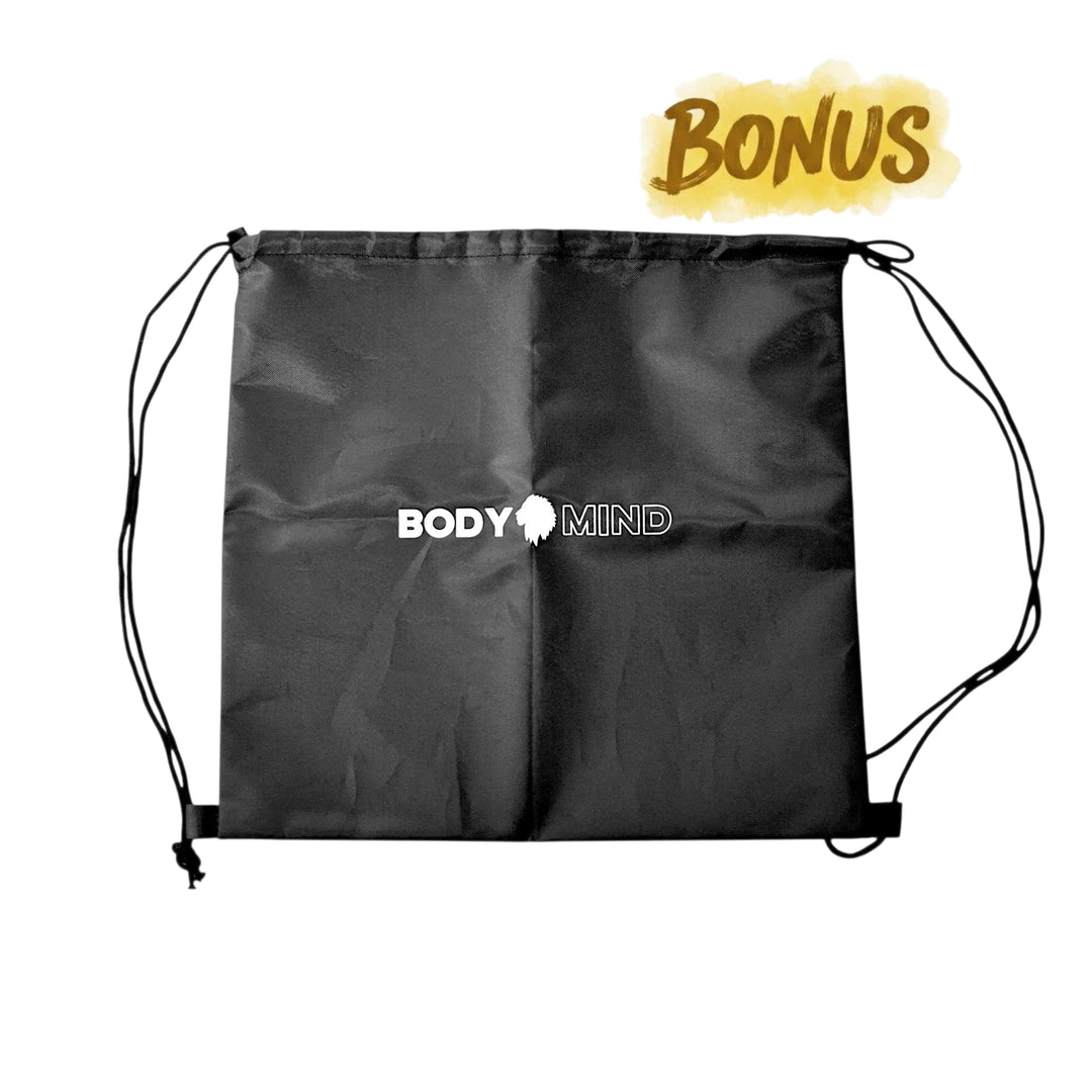 Black drawstring bag with BODY and MIND logo