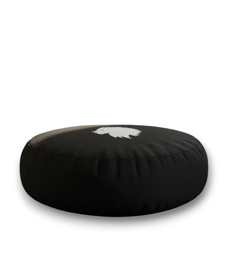 Black meditation cushion with a white lion head logo on a white background