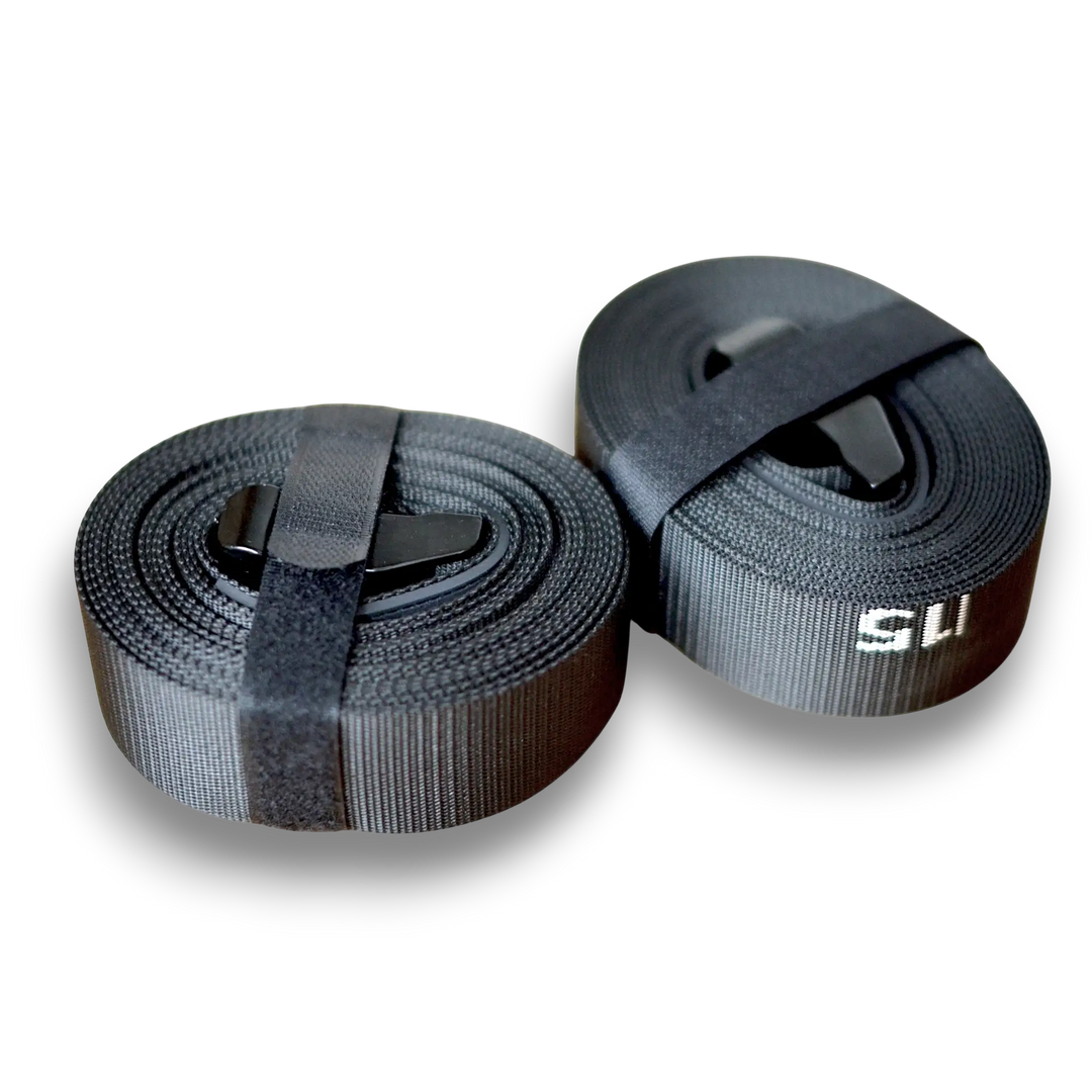 Black gymnastic rings straps with white scale on them