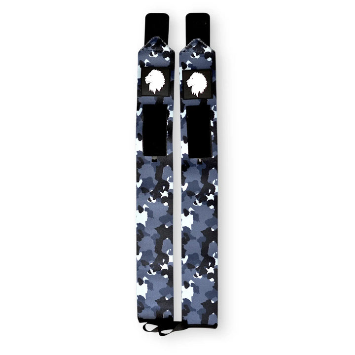camo wrist wraps with lwhite lion head and camouflage pattern