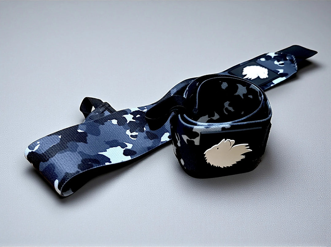Black and white camouflage wrist strap with white lion head logo.