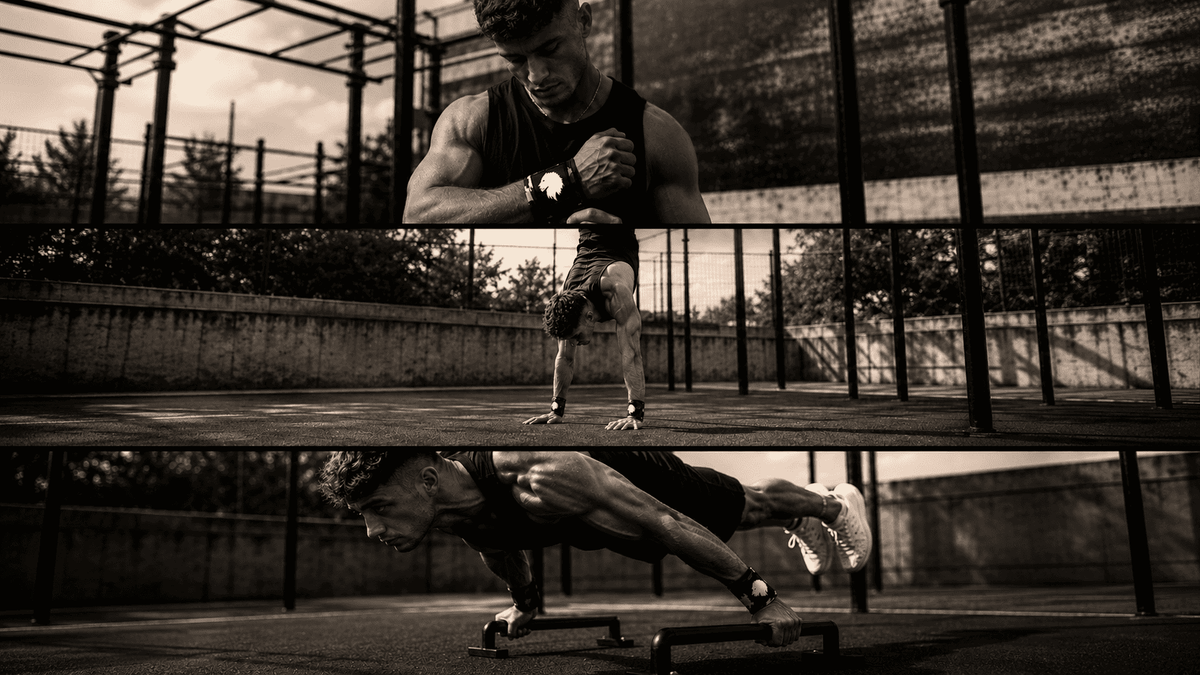 A sepia-toned fitness collage showing a man outdoors on a park bench, with a close-up of his muscular torso, a handstand pose, and a push-up position.