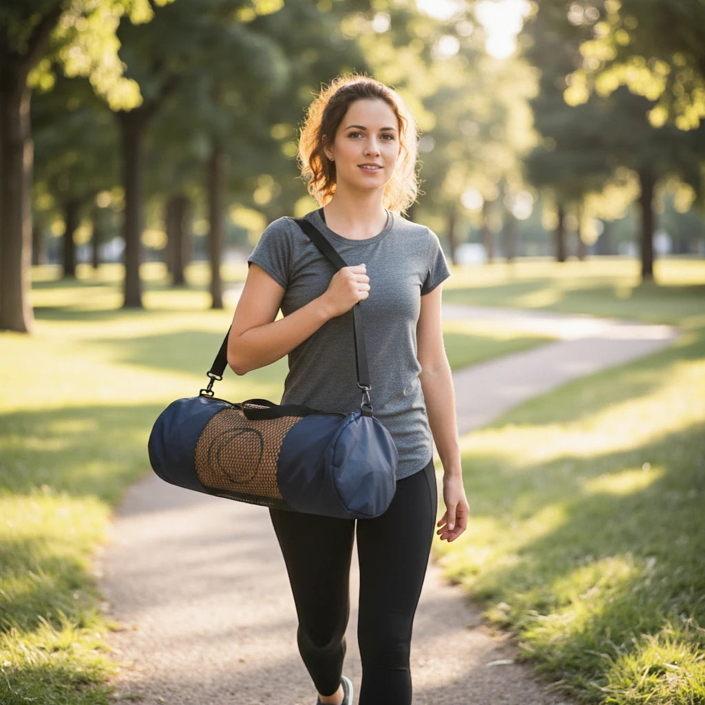 Woman walking in a park with a yoga mat bag over her shoulder