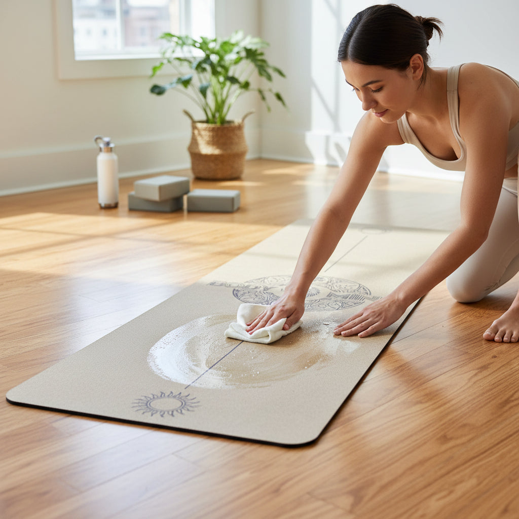 Woman cleaning a yoga mat with a white cloth in a bright room.