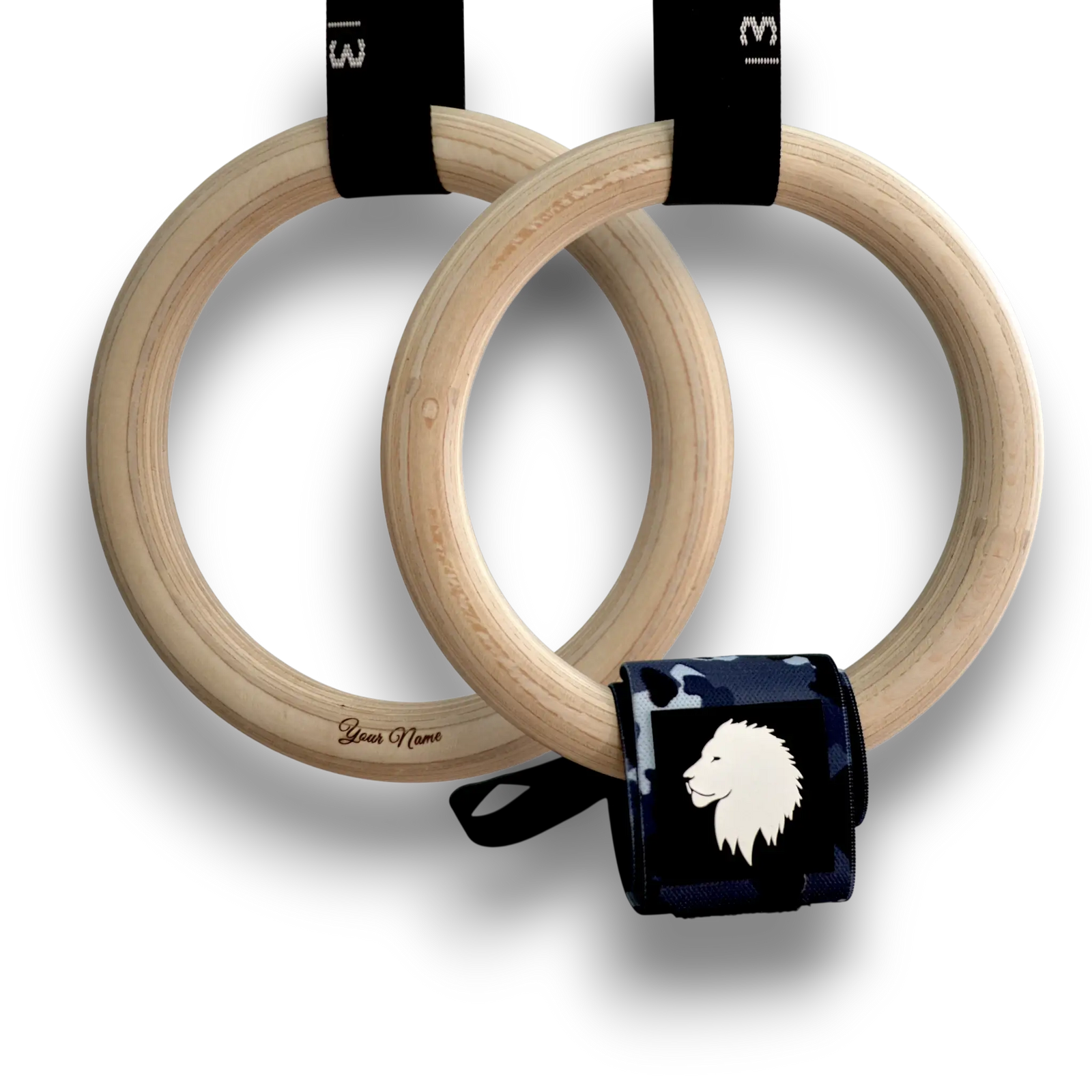 Custom name on wooden gymnastic rings with  camo wrist wraps bundle