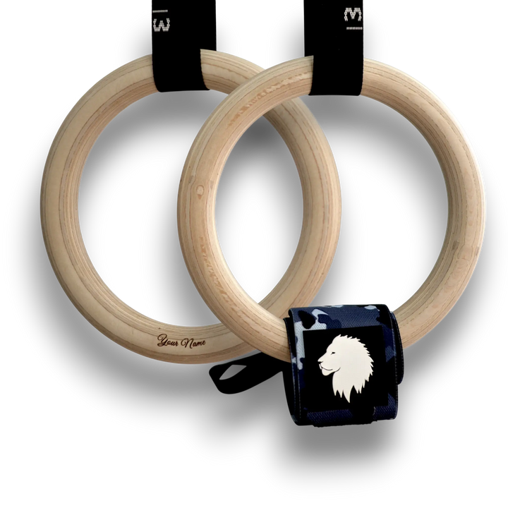 Custom name on wooden gymnastic rings with  camo wrist wraps bundle