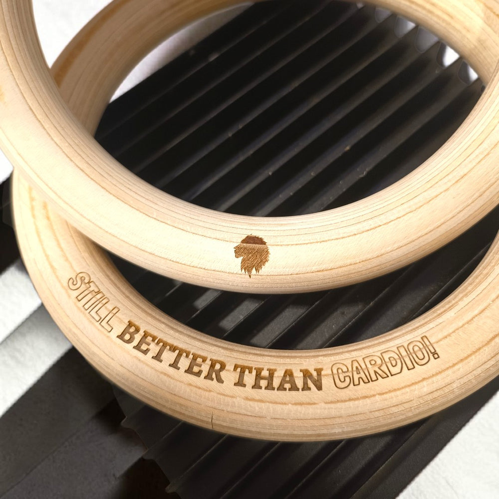 Wooden rings with 'Still Better Than Cardio!' laser engraving 