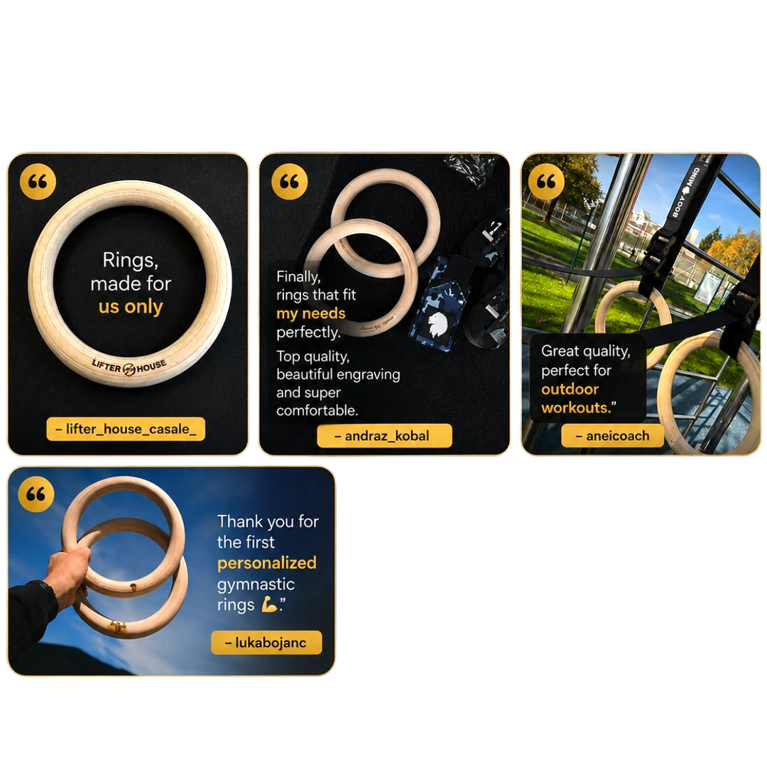 Gymnastic rings with customer reviews on a white background