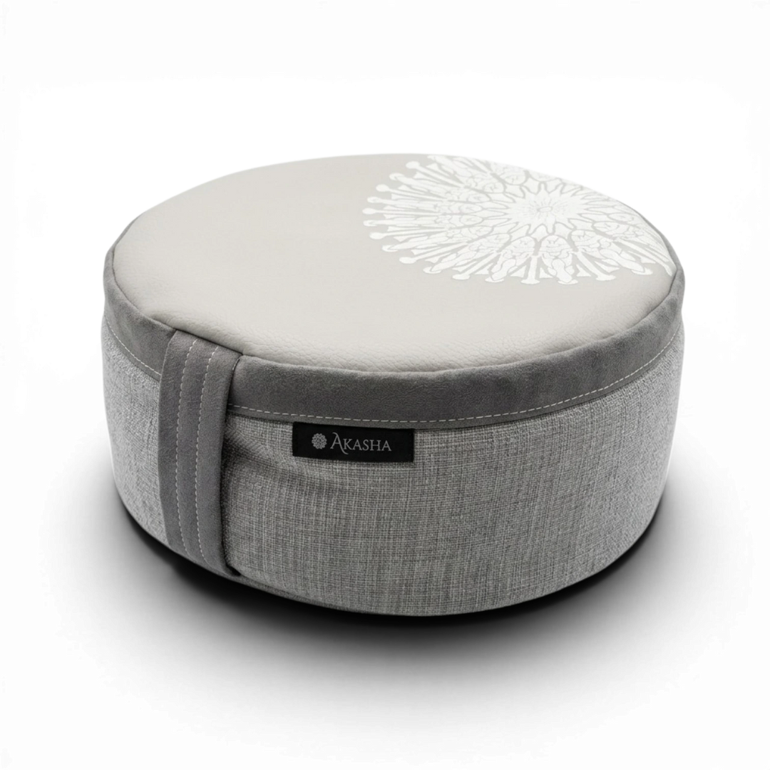 Elegant Grey meditation cushion with vegan leather top and durable fabric side.