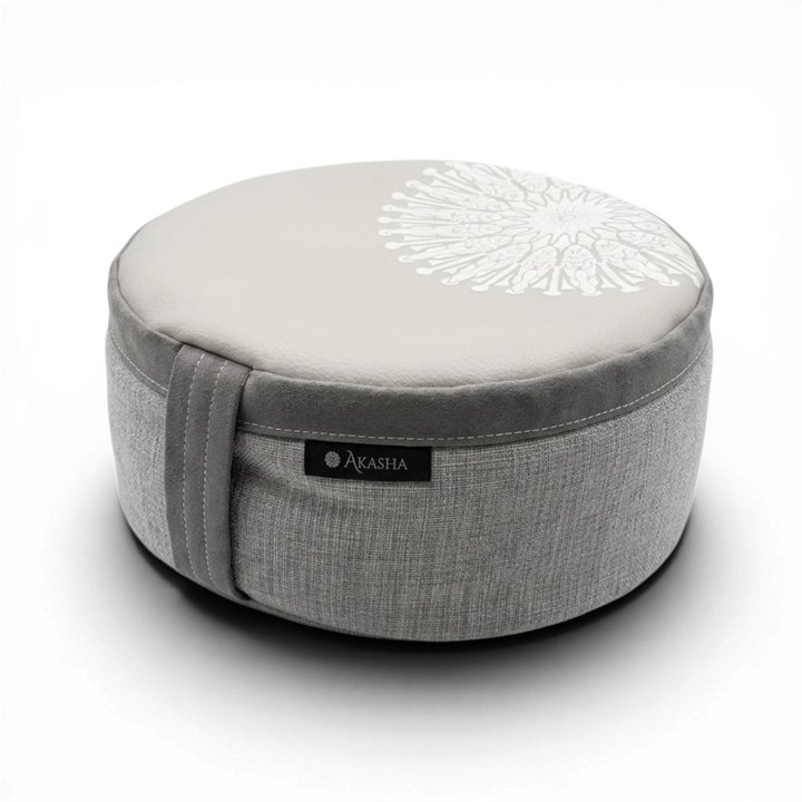 Elegant Grey meditation cushion with vegan leather top and durable fabric side.