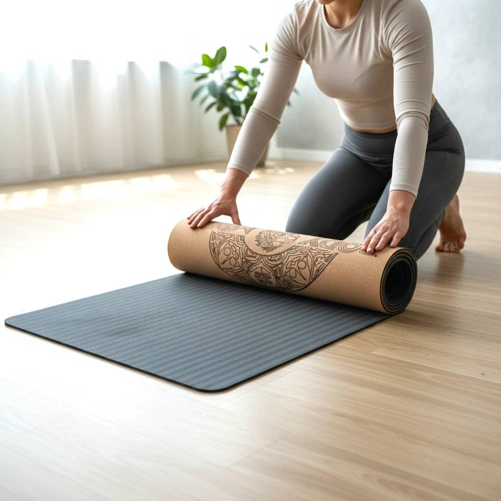 Person rolling up a yoga mat with a decorative pattern on a wooden floor.