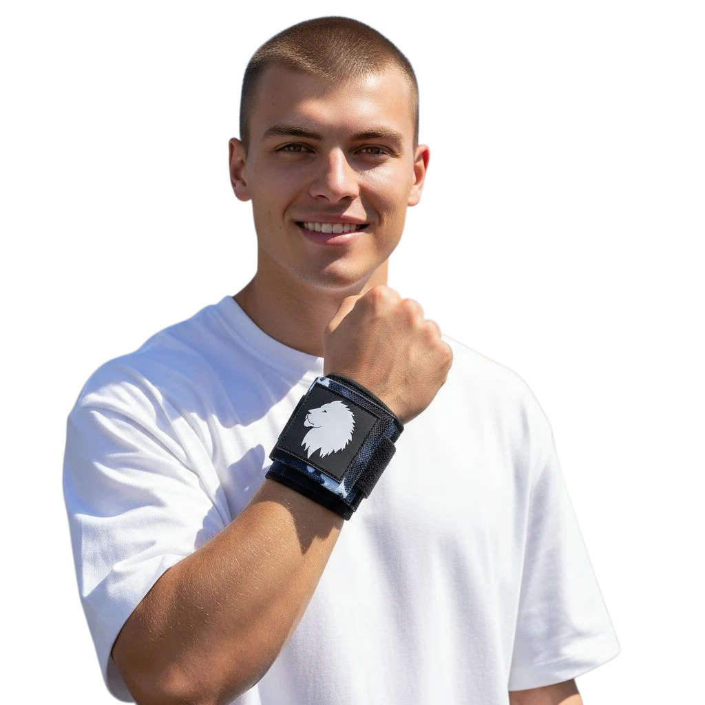Man wearing a black wrist wrap with a white logo on a white background