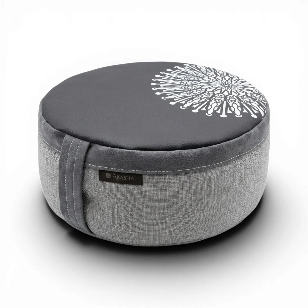 Classic Black Mandala buckwheat meditation cushion made of vegan leather and durable upholstery fabric.