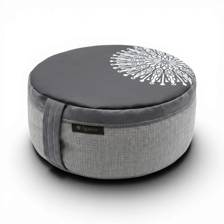 Classic Black Mandala buckwheat meditation cushion made of vegan leather and durable upholstery fabric.