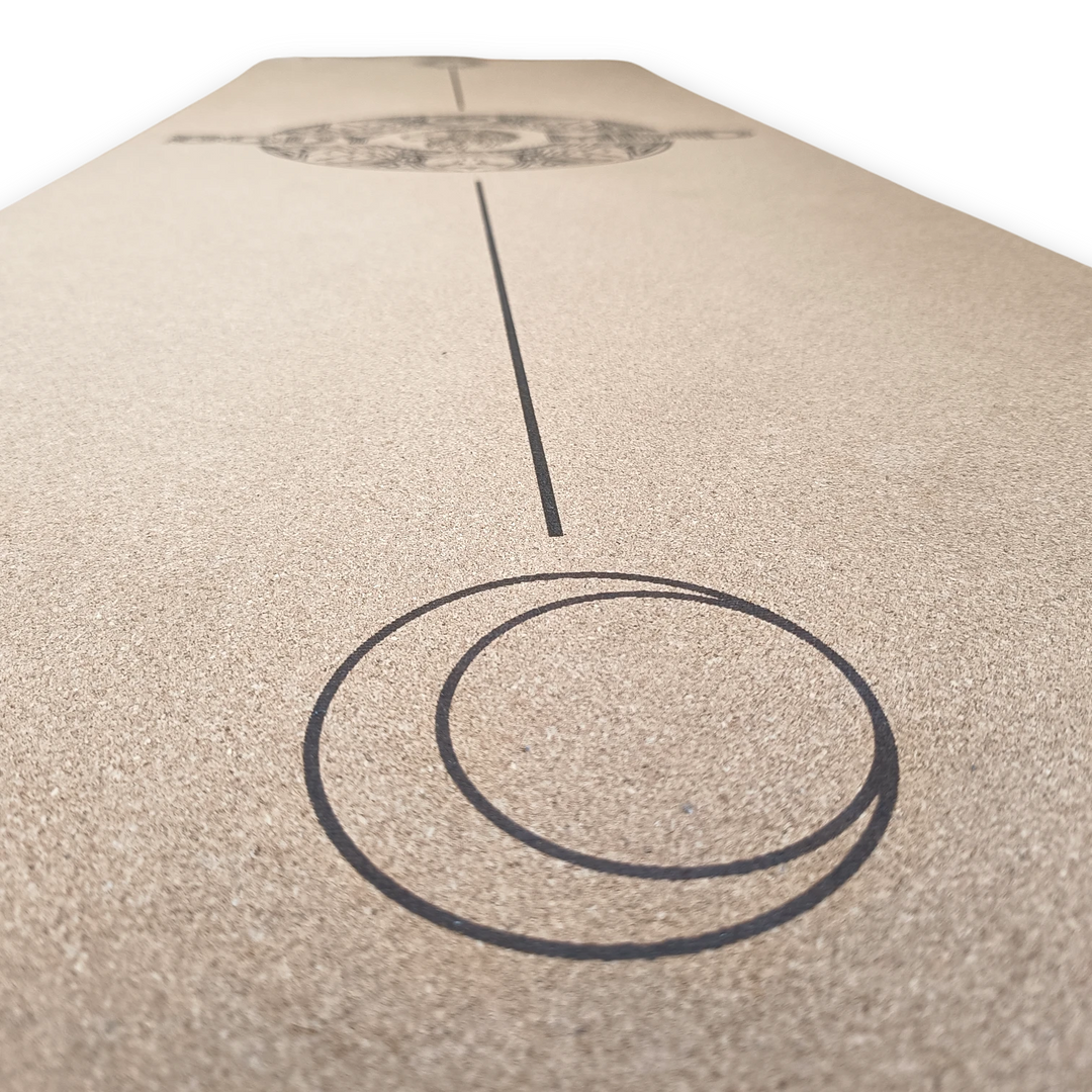 Close-up of a cork yoga mat with moon design