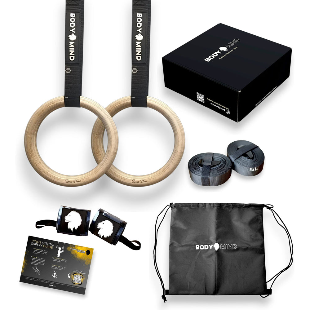 Personalized wooden gymnastic rings set with camo wrist wraps