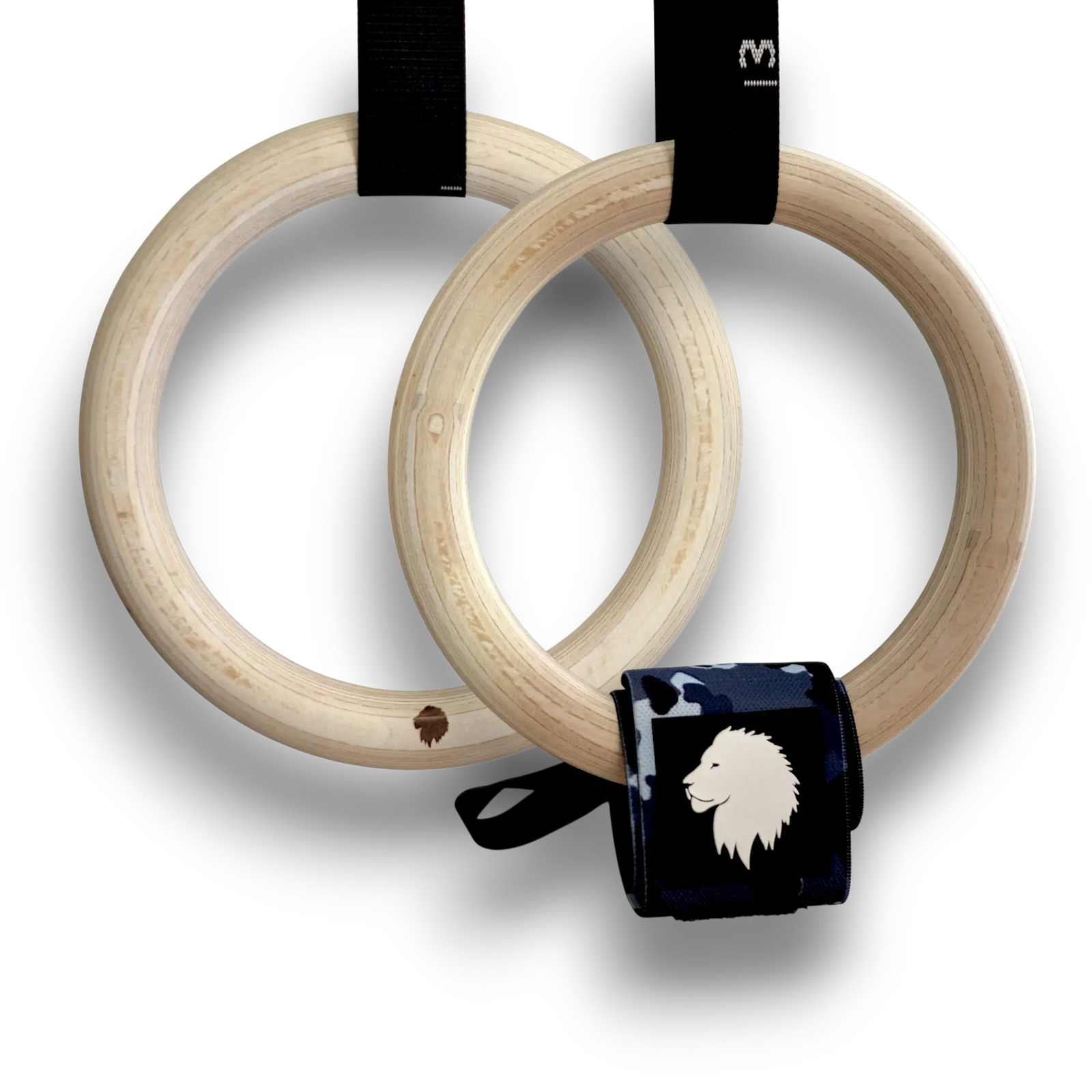 Wooden gymnastic rings with black straps on a white background