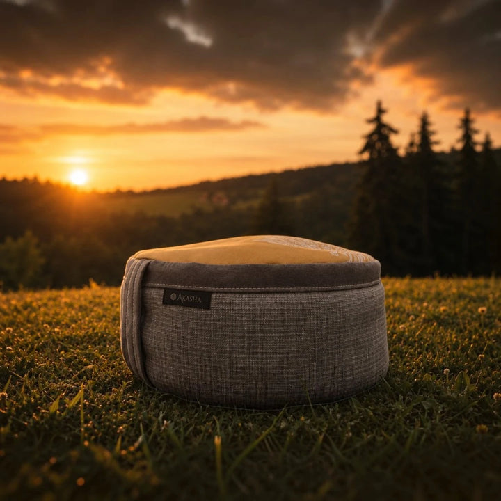 Vibrant yellow meditation cushion on grass with sunset in the background