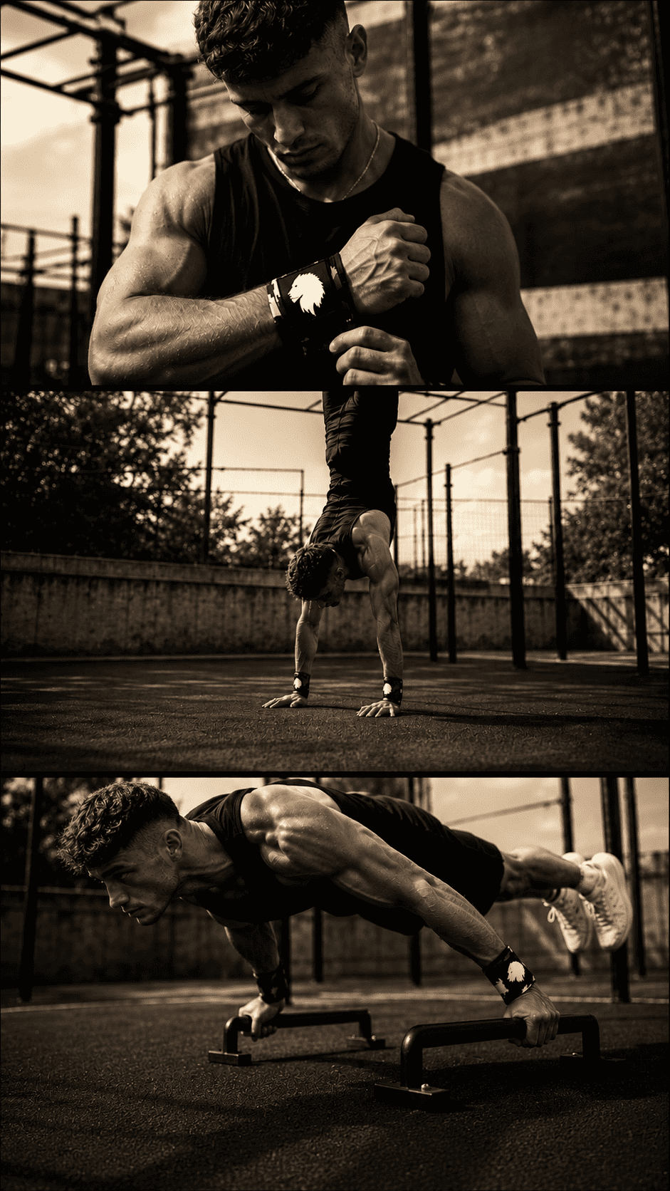 A sepia-toned three-panel collage showing a man outdoors at a gym or workout facility, wearing a sleeveless athletic top, shorts, and a wristwatch. He is shown looking at his watch, doing a handstand, and doing push-ups on a pad.