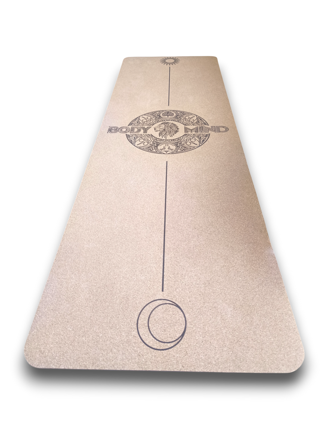 Cork yoga mat with 'Body & Mind' lion symbol logo.