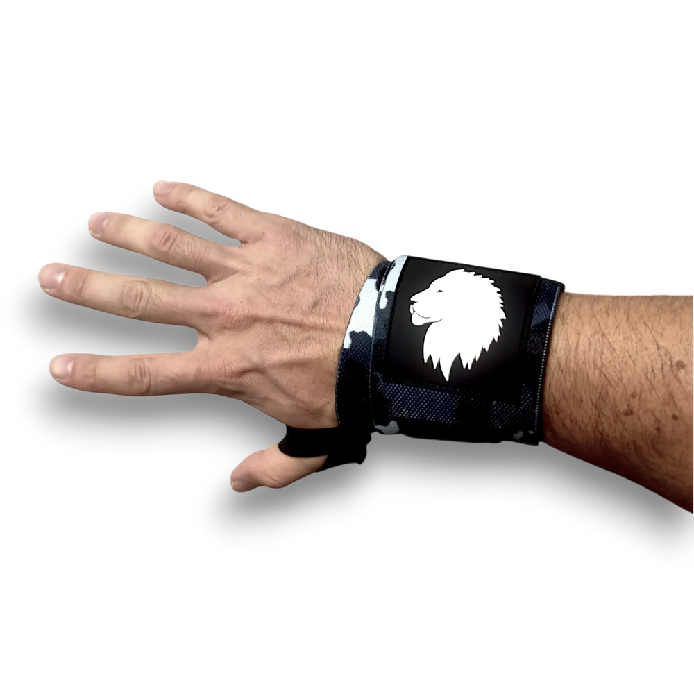 Hand wearing a wrist support wirist wraps with a lion head logo