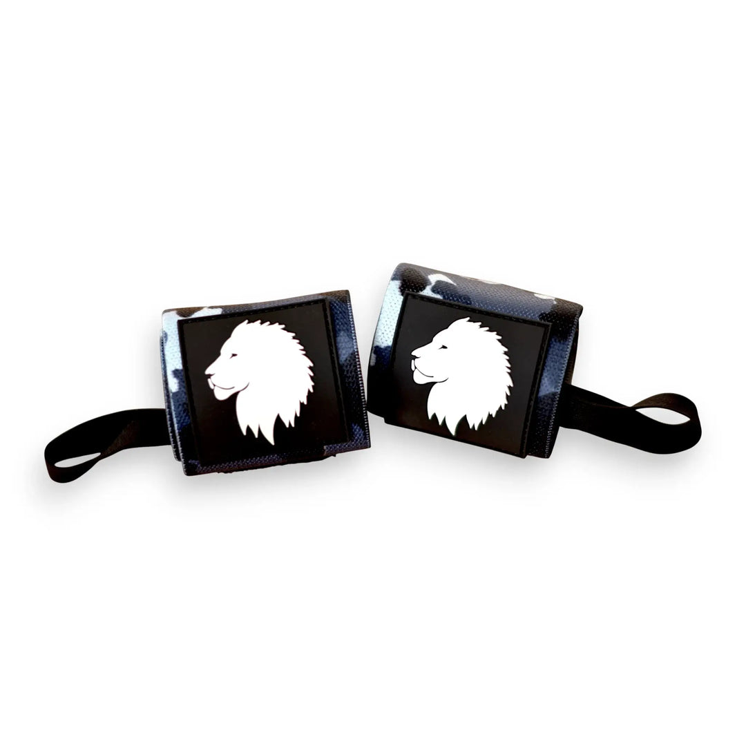 Two black camo wrist wraps with white lion head designs