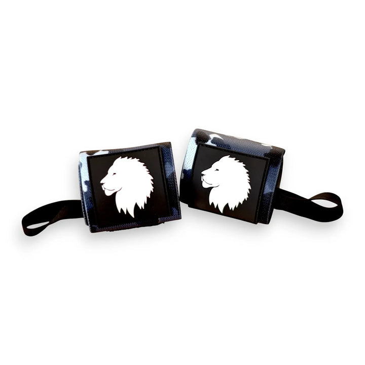 Two black camo wrist wraps with white lion head designs