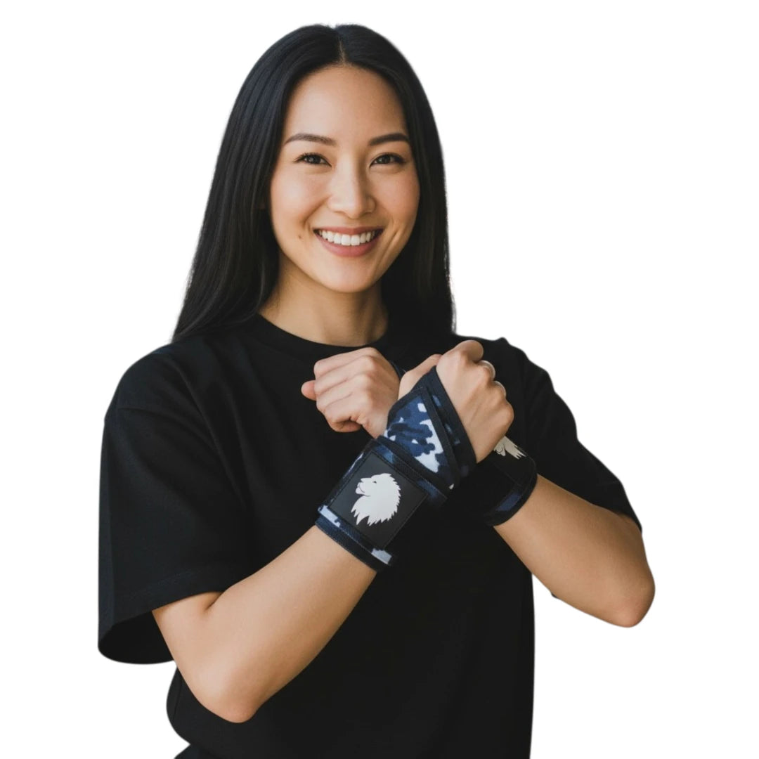 Woman wearing a black wrist wrap on a white background