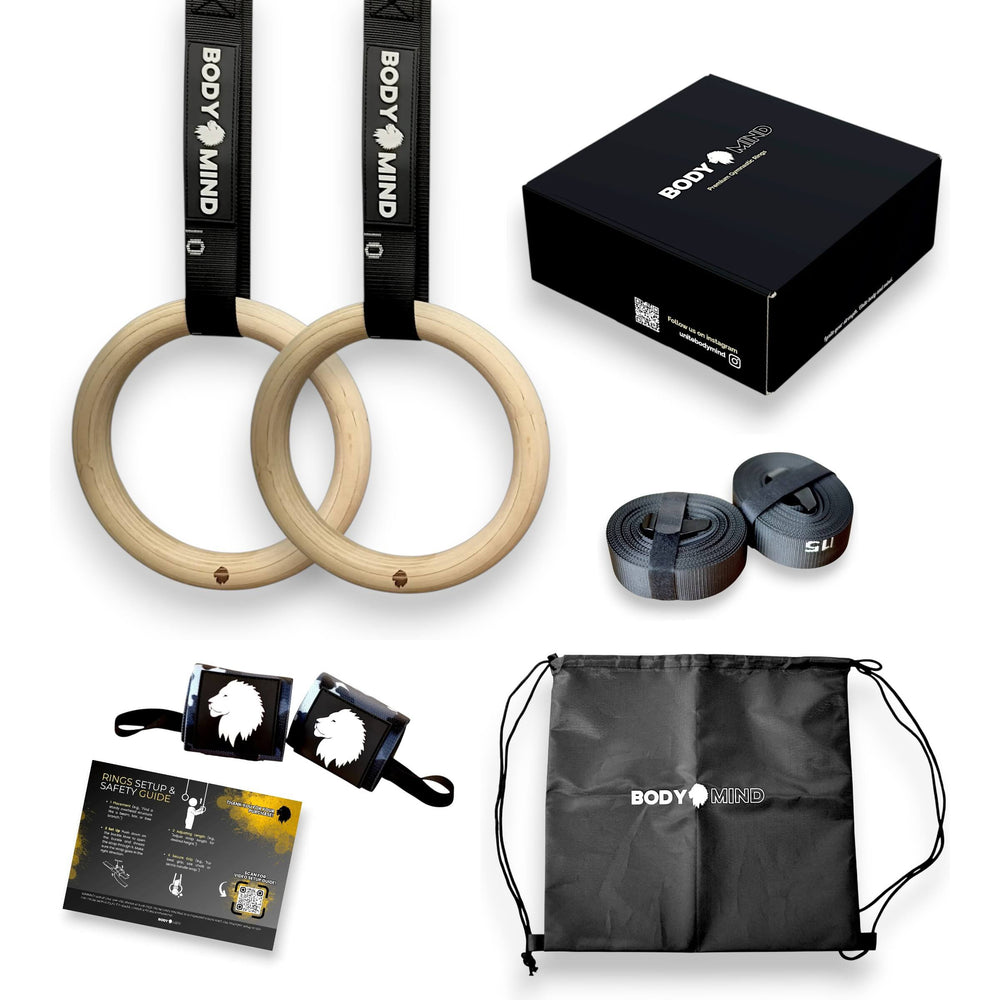Wooden gymnastic rings set with camo wrist wraps