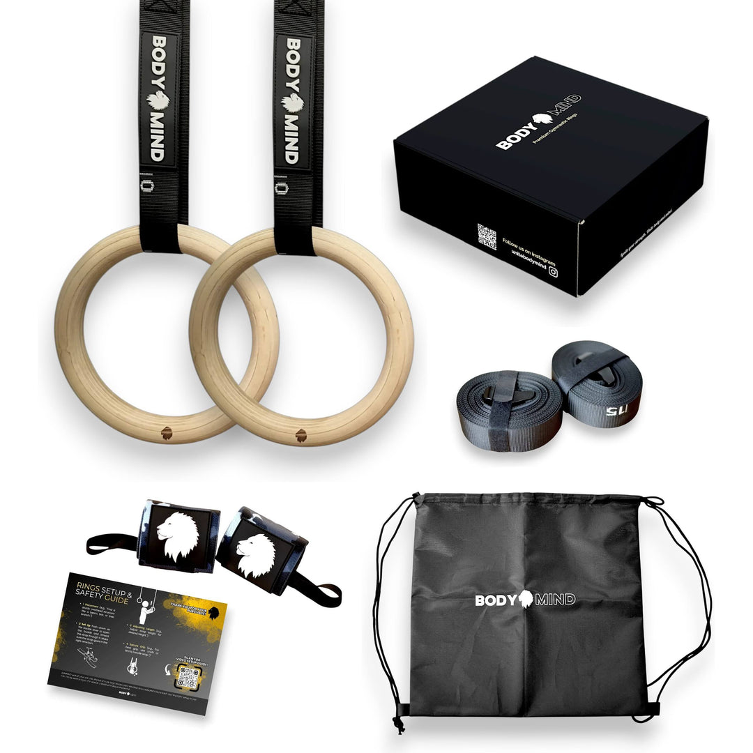 Wooden gymnastic rings set with camo wrist wraps