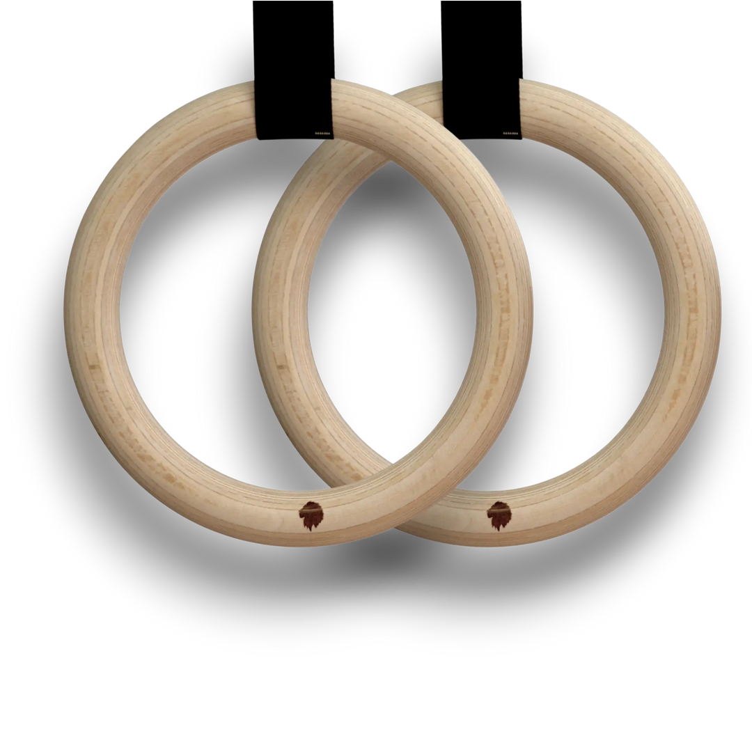Two wooden gymnastic rings on a white background