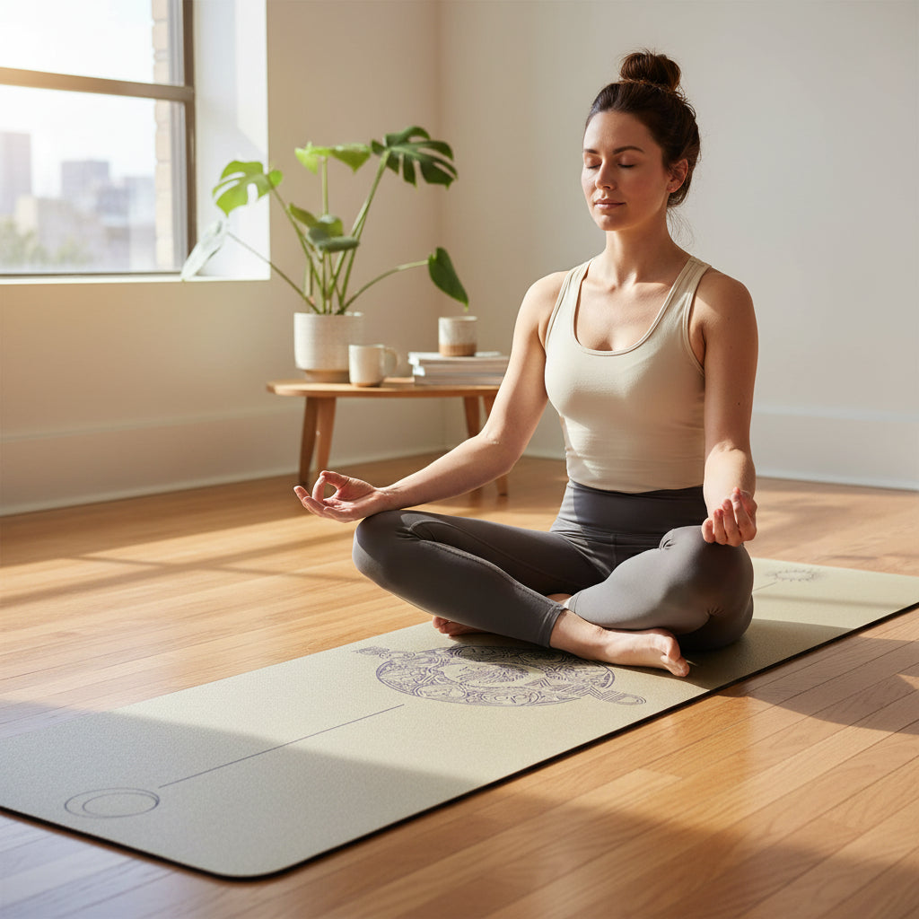 Woman meditating on a yoga mat in a bright room with plants and a window.